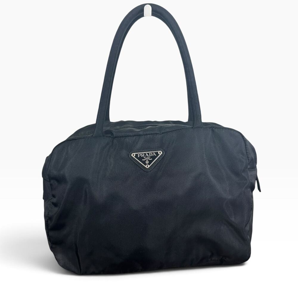 Prada Nylon Shoulder Bag Womens Medium Black Leather Trim Italy Silver